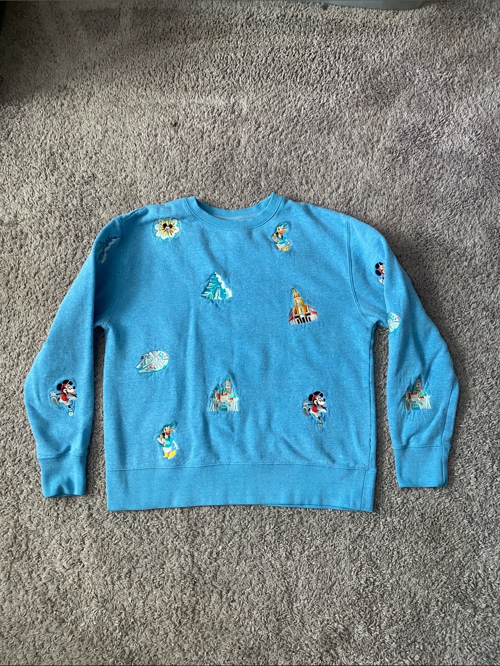 Disney Parks Blue Crewneck Sweatshirt with Embroidered Icons Characters size M